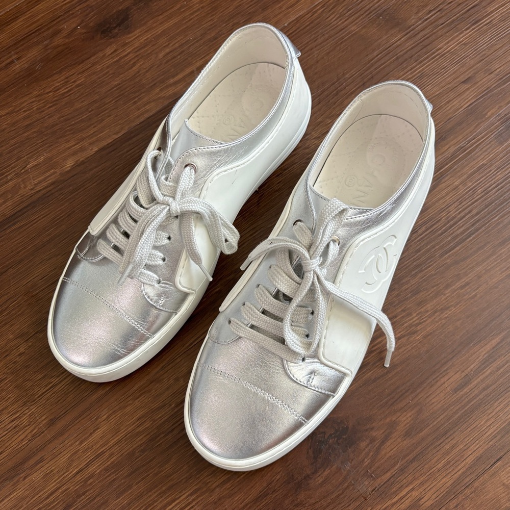 Chanel Interlocking CC Leather & Rubber White Silver Wedge Sneakers Trainers